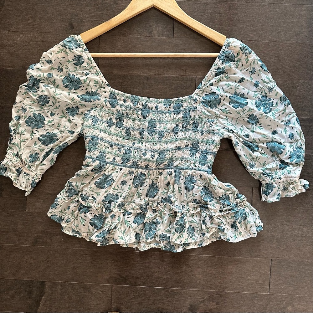 NWT AMERICAN EAGLE Boho Peasant Top Milkmaid Smock Cottagecore Cream Blue S‎